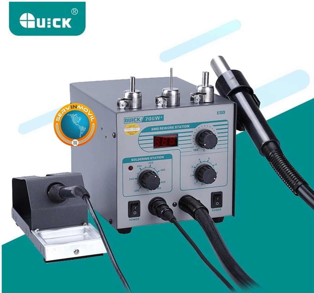 QUICK 706W+ Digital Display Hot Air Gun Soldering Iron Anti-static Temperature Lead-free Rework Station 2 in 1 With 3 Nozzles