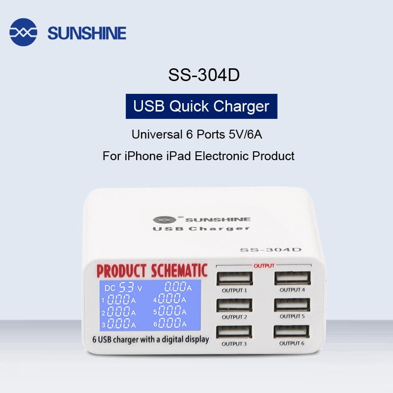 SUNSHINE SS-304D 6 USB Port Fast Charger Adaptor With Digital Display Screen