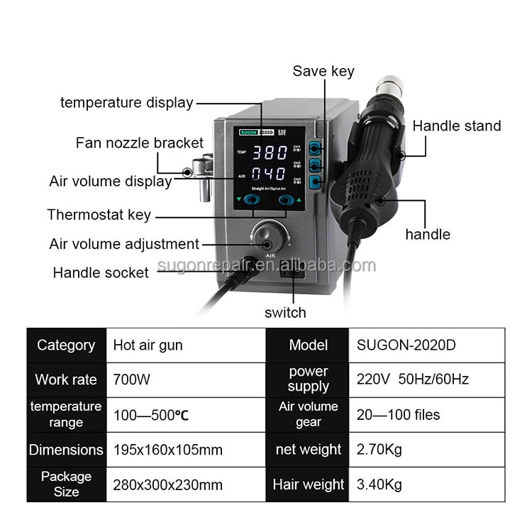 SUGON 2020D 750W/ heat gun lead free hot air soldering station microcomputer temperature Rework Station+6 Welding head