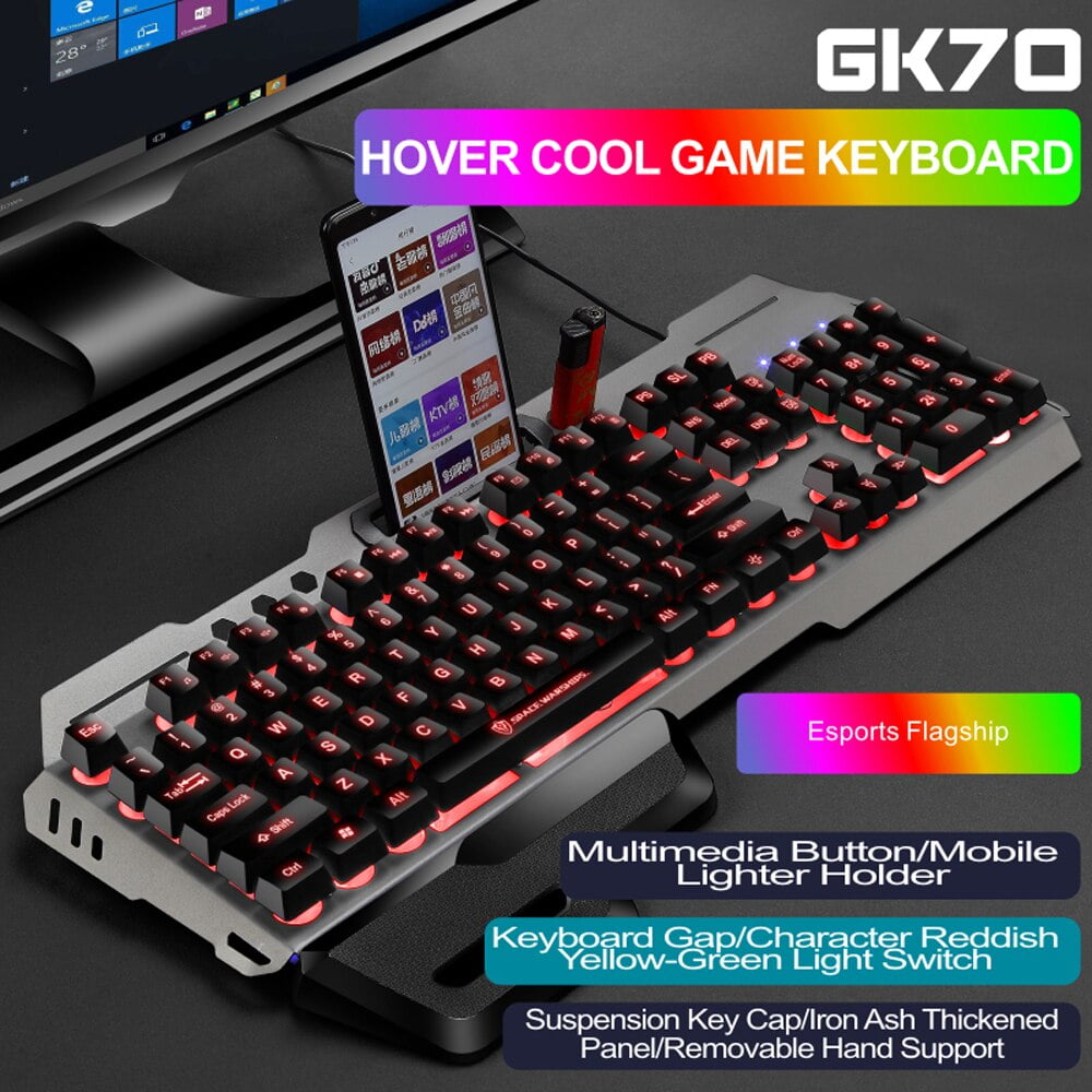 GK70 Gaming Membrane Keyboard 3 Levels Dimming Wired 104 Keys Multimedia Keyboard USB For Tablet Desktop Mobile Phone Holder