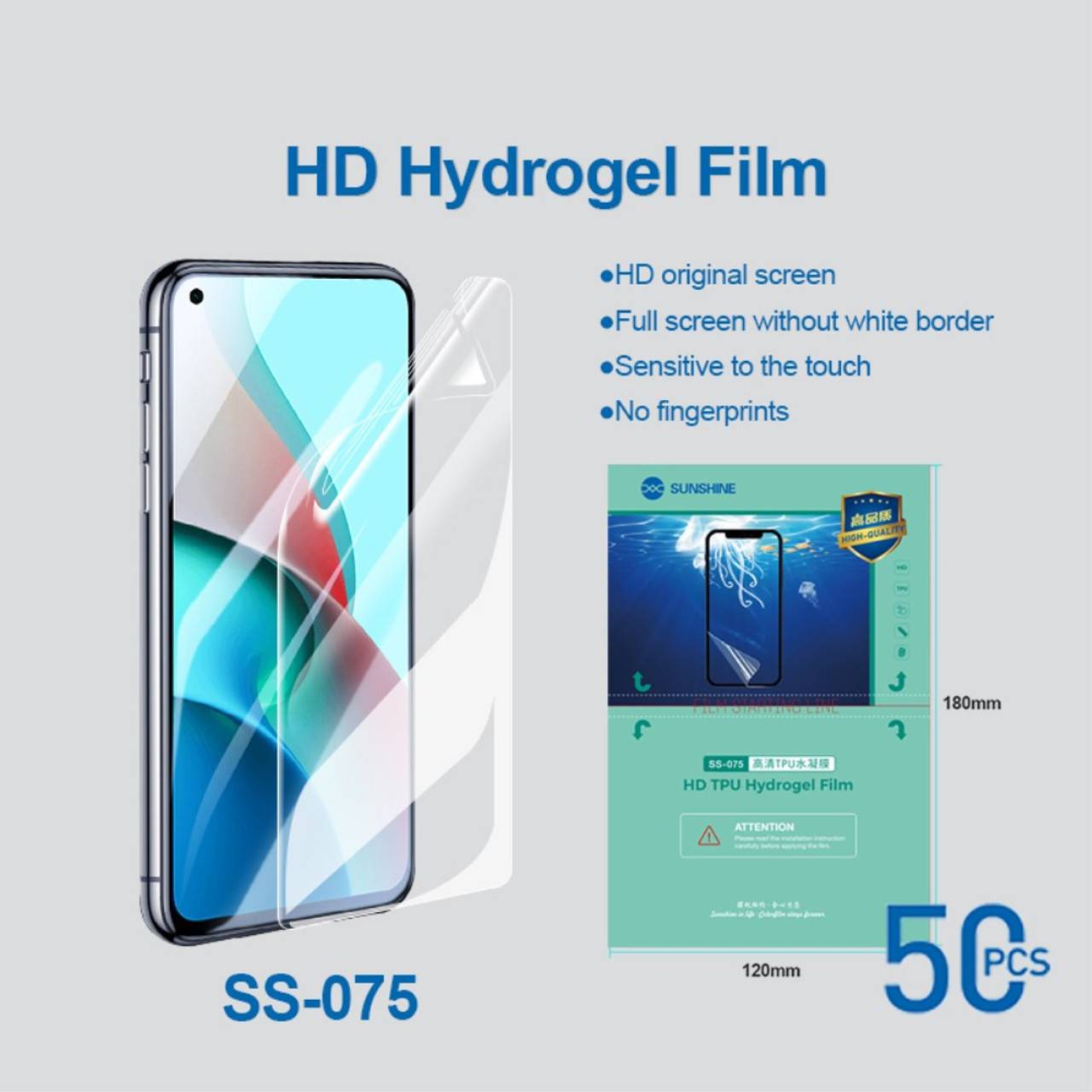50Pcs/Pack SUNSHINE SS-075 4K Ultra Clear Flexible Hydrogel Protective Film for SS-890 Cutting Machine, Front/Rear Phone Protective Film for All Mobile Phones